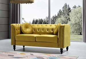 container furniture direct kittleson velvet chesterfield loveseat for living room, apartment or office, mid century modern diamond tufted couch with nailhead accent, 64.17", dark yellow