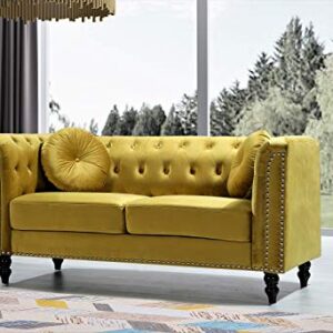 Container Furniture Direct Kittleson Velvet Chesterfield Loveseat for Living Room, Apartment or Office, Mid Century Modern Diamond Tufted Couch with Nailhead Accent, 64.17", Dark Yellow