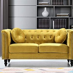 Container Furniture Direct Kittleson Velvet Chesterfield Loveseat for Living Room, Apartment or Office, Mid Century Modern Diamond Tufted Couch with Nailhead Accent, 64.17", Dark Yellow