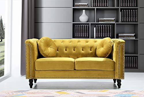 Container Furniture Direct Kittleson Velvet Chesterfield Loveseat for Living Room, Apartment or Office, Mid Century Modern Diamond Tufted Couch with Nailhead Accent, 64.17", Dark Yellow