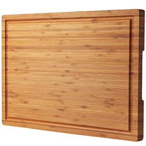 bamboo wood cutting board for kitchen, 18" large cheese charcuterie chopping block with side handles and juice grooves