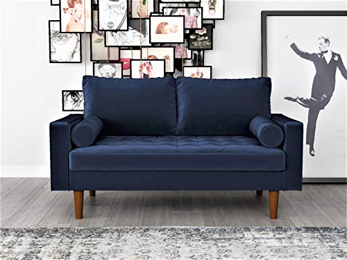 Container Furniture Direct Womble Modern Velvet Upholstered Living Room Diamond Tufted Chesterfield Loveseat with Gleaming Nailheads, Misty Blue