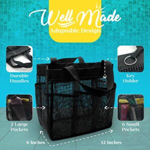 Shower Caddy Coated Mesh XLarge Tote Bag Includes 8 Pockets Waterproof Phone Pouch Gym Dorm Travel Quick Dry (Solid Black)