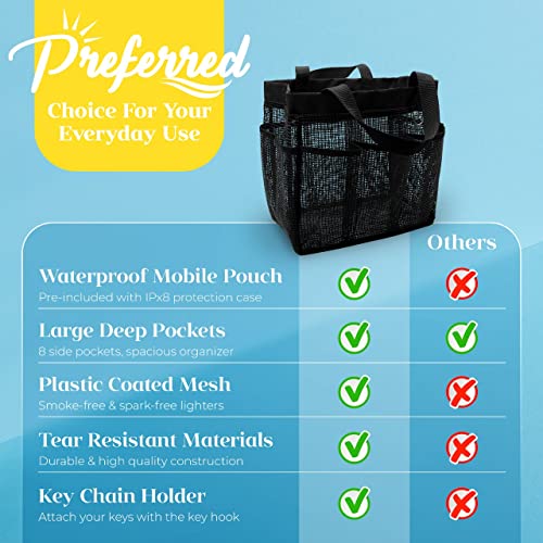 Shower Caddy Coated Mesh XLarge Tote Bag Includes 8 Pockets Waterproof Phone Pouch Gym Dorm Travel Quick Dry (Solid Black)