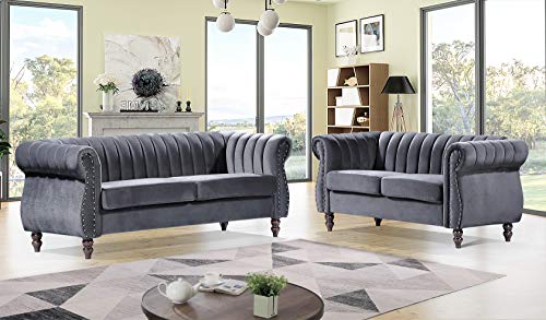 Container Furniture Direct Quinones Modern Chesterfield Couch with Elegant Rolled Arms, Nailhead Trim & Channel Tufting, 59.1" Wide Loveseat, Silverish Grey