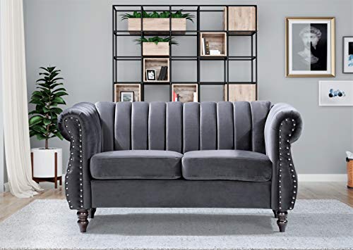 Container Furniture Direct Quinones Modern Chesterfield Couch with Elegant Rolled Arms, Nailhead Trim & Channel Tufting, 59.1" Wide Loveseat, Silverish Grey