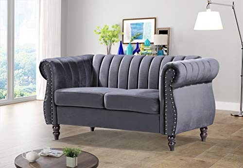 Container Furniture Direct Quinones Modern Chesterfield Couch with Elegant Rolled Arms, Nailhead Trim & Channel Tufting, 59.1" Wide Loveseat, Silverish Grey