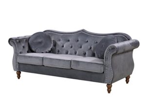 container furniture direct anna1 velvet upholstered classic nailhead chesterfield living room, sofa, standard gray