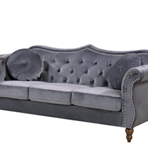 Container Furniture Direct Anna1 Velvet Upholstered Classic Nailhead Chesterfield Living Room, Sofa, Standard Gray