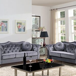 Container Furniture Direct Anna1 Velvet Upholstered Classic Nailhead Chesterfield Living Room, Sofa, Standard Gray