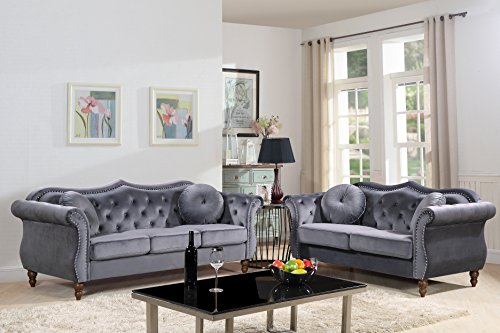 Container Furniture Direct Anna1 Velvet Upholstered Classic Nailhead Chesterfield Living Room, Sofa, Standard Gray