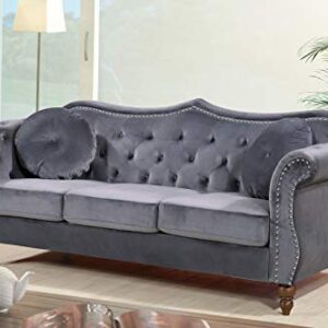 Container Furniture Direct Anna1 Velvet Upholstered Classic Nailhead Chesterfield Living Room, Sofa, Standard Gray