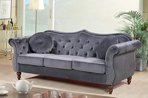 Container Furniture Direct Anna1 Velvet Upholstered Classic Nailhead Chesterfield Living Room, Sofa, Standard Gray