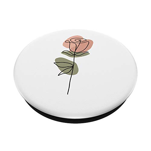 One Line Art Pink Rose Flower Green White Abstract Aesthetic PopSockets PopGrip: Swappable Grip for Phones & Tablets