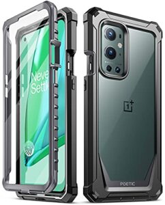 poetic guardian case designed for oneplus 9 pro 5g, built-in screen protector work with fingerprint id, full body hybrid shockproof bumper cover case, black/clear