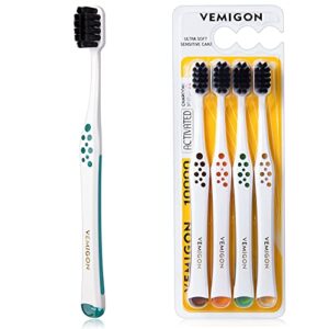 VEMIGON Extra Soft Toothbrush for Sensitive Teeth, Wide Head Soft Toothbrushes for Adults, Soft Bristle Toothbrush with Activated Charcoal, Whitening Toothbrush Perfect for Braces (4PCS)