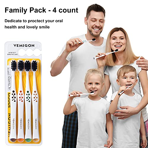 VEMIGON Extra Soft Toothbrush for Sensitive Teeth, Wide Head Soft Toothbrushes for Adults, Soft Bristle Toothbrush with Activated Charcoal, Whitening Toothbrush Perfect for Braces (4PCS)