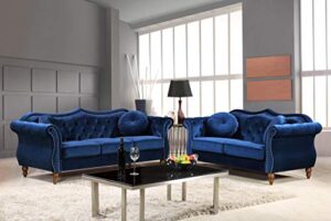 container furniture direct anna1 velvet upholstered classic nailhead chesterfield living room, sofa & loveseat, blue mist