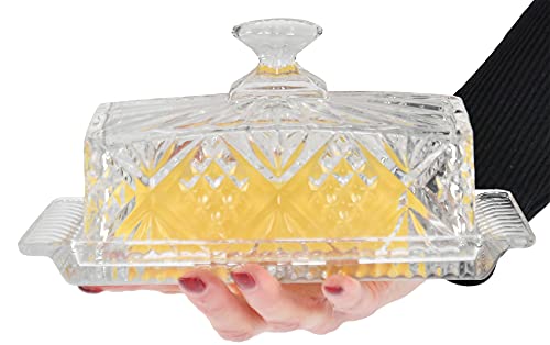 HOME-X Crystal Butter Dish with Lid, Real Crystal Covered Dish, Butter Holder for Serving and Storage, 8"L x 3 ½" W x 4' H, Crystal