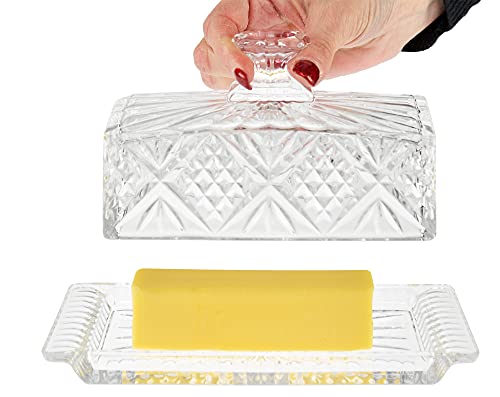 HOME-X Crystal Butter Dish with Lid, Real Crystal Covered Dish, Butter Holder for Serving and Storage, 8"L x 3 ½" W x 4' H, Crystal