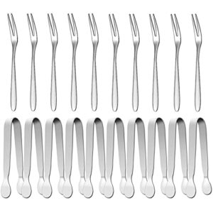 mini serving tongs & fruit fork, 4inch stainless steel sugar cube tongs, sliver small ice tongs for tea and coffee party, appetizers, desserts by sunenlyst (10 sugar tongs,10 fruit forks)