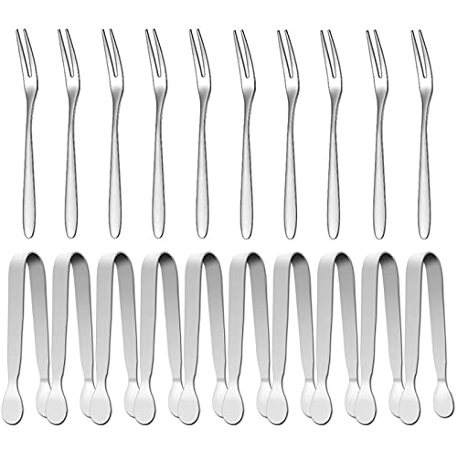 Mini Serving Tongs & Fruit Fork, 4Inch Stainless Steel Sugar Cube Tongs, Sliver Small Ice Tongs for Tea and Coffee Party, Appetizers, Desserts by Sunenlyst (10 Sugar Tongs,10 Fruit Forks)