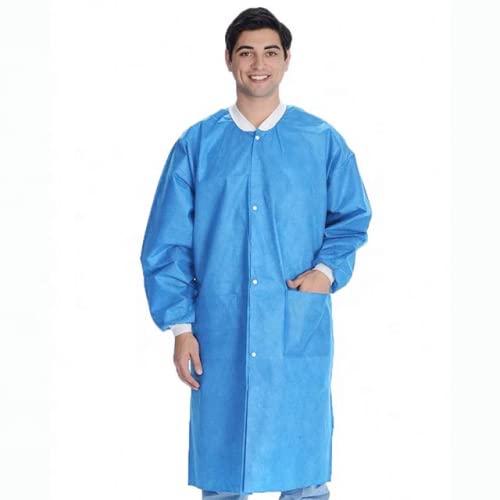 Greenour Disposable Lab Coat Blue Pack of 10 SMS with Pockets for Adult Knitted Collar and Cuffs Breathable Fluid Resistant（Large