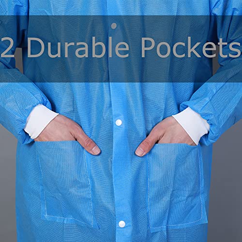 Greenour Disposable Lab Coat Blue Pack of 10 SMS with Pockets for Adult Knitted Collar and Cuffs Breathable Fluid Resistant（Large