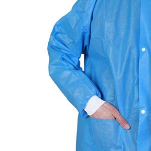 Greenour Disposable Lab Coat Blue Pack of 10 SMS with Pockets for Adult Knitted Collar and Cuffs Breathable Fluid Resistant（Large