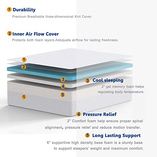 Queen Mattress, 10 inch Gel Memory Foam Mattress with CertiPUR-US Bed Mattress in a Box for Sleep Cooler & Pressure Relief, Medium Firm Support (Queen)