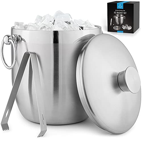 Zulay 3 Liter Double-Wall Insulated Ice Bucket For Cocktail Bar - Ice Buckets For Parties, Outdoor & Indoor - Stainless Steel Ice Bucket With Lid, Strainer & Tongs Included