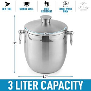 Zulay 3 Liter Double-Wall Insulated Ice Bucket For Cocktail Bar - Ice Buckets For Parties, Outdoor & Indoor - Stainless Steel Ice Bucket With Lid, Strainer & Tongs Included