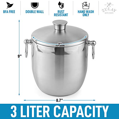 Zulay 3 Liter Double-Wall Insulated Ice Bucket For Cocktail Bar - Ice Buckets For Parties, Outdoor & Indoor - Stainless Steel Ice Bucket With Lid, Strainer & Tongs Included