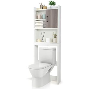 tangkula over the toilet storage cabinet, freestanding tall bathroom organizer with open storage shelves and enclosed storage cabinet, versatile space saver for bathroom toilet laundry room (white)