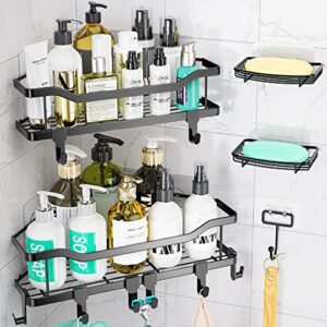 eaconpt shower caddy 5-pack, triangle-shaped large capacity corner shower caddy with extra adhesives and 8 hooks, no-drill rustproof stainless steel shower organizer for bathroom&kitchen, black