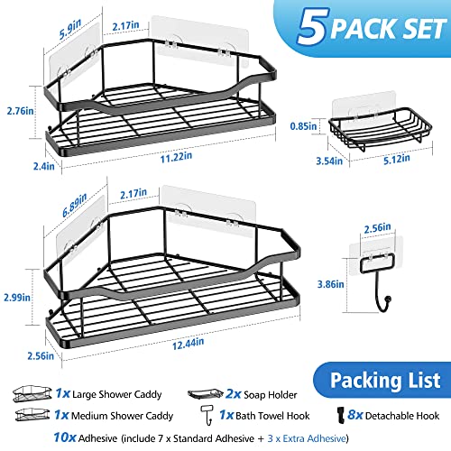 EACONPT Shower Caddy 5-Pack, Triangle-shaped Large Capacity Corner Shower Caddy with Extra Adhesives and 8 Hooks, No-drill Rustproof Stainless Steel Shower Organizer for Bathroom&Kitchen, Black