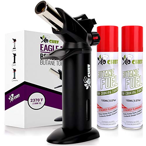 Eagle RX Crème Brûlée Torch – Safest Kitchen Food Torch – Safety Switch, Hand Shield, Fuel Gauge, Ergonomic Matte Black Grip – Culinary Butane Blow Torch 2,370°F – 2 Cans Included by Jo Chef