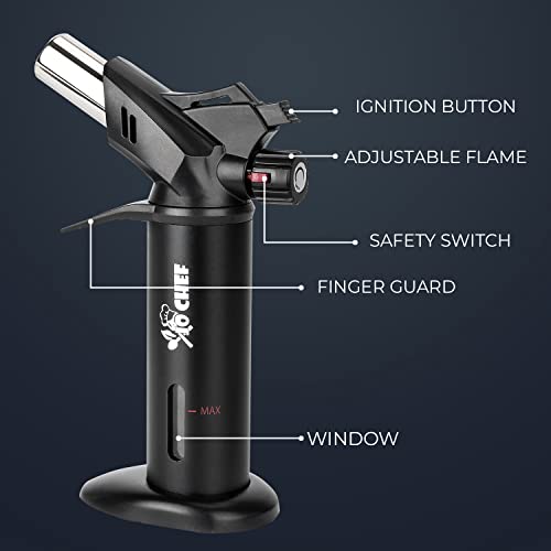 Eagle RX Crème Brûlée Torch – Safest Kitchen Food Torch – Safety Switch, Hand Shield, Fuel Gauge, Ergonomic Matte Black Grip – Culinary Butane Blow Torch 2,370°F – 2 Cans Included by Jo Chef