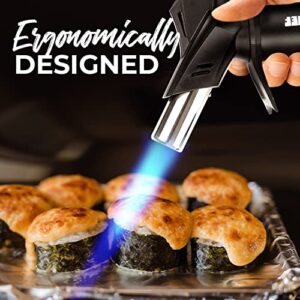 Eagle RX Crème Brûlée Torch – Safest Kitchen Food Torch – Safety Switch, Hand Shield, Fuel Gauge, Ergonomic Matte Black Grip – Culinary Butane Blow Torch 2,370°F – 2 Cans Included by Jo Chef