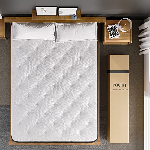 Povirt Twin Mattress, 12 Inch Innerspring Hybrid Mattress in a Box, 7-Zone Support Cool Twin Bed Mattress with Breathable Soft Knitted Fabric Cover for Pressure Relief, Medium Firm, 100-Night Trial