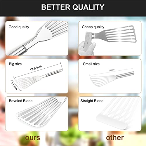 2-Piece Cualork Fish Spatula, Upgrade Metal Spatula, Big Size Spatula Stainless Steel, Premium Kitchen Spatula Set, Thickness Blade Spatulas Turner for Cooking, Flipping, Turning, Frying and Grilling