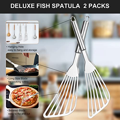 2-Piece Cualork Fish Spatula, Upgrade Metal Spatula, Big Size Spatula Stainless Steel, Premium Kitchen Spatula Set, Thickness Blade Spatulas Turner for Cooking, Flipping, Turning, Frying and Grilling