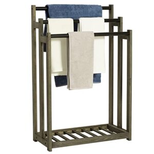 mygift 3 tier matte black metal bar bath towel holder on vintage gray solid wood frame stand with slatted storage shelf, floor standing bathroom drying rack