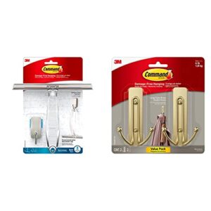 command bath shower small water-resistant adhesive, satin nickel, 1 lb capacity, 1 squeegee & large wall hooks, damage free hanging wall hooks with adhesive strips, no tools double wall hooks
