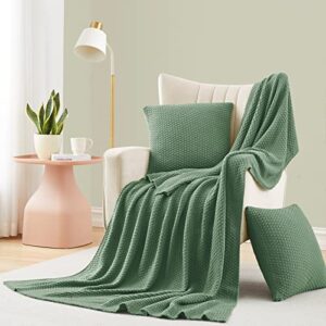treely 3 piece sage green knit throw blanket set,warm knitted blankets 50" x 60" and 2 square pillow covers 18" x 18", decorative throw blankets for couch sofa bed living room
