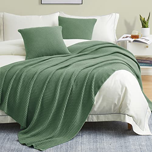 TREELY 3 Piece Sage Green Knit Throw Blanket Set,Warm Knitted Blankets 50" x 60" and 2 Square Pillow Covers 18" x 18", Decorative Throw Blankets for Couch Sofa Bed Living Room