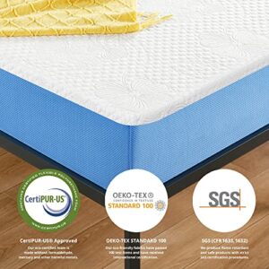 Olee Sleep 10 Inch Ventilated Gel Infused Memory Foam Mattress, CertiPUR-US® Certified, Blue, Queen