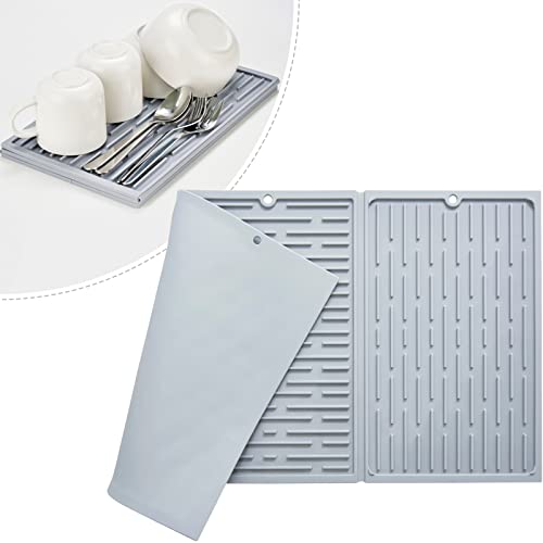 BTH Collapsible Trifold Dish Drying Mat for Kitchen Counter - Extra Large Dish Drainer Mat - Compact & Foldable Design - Durable Heat & Cold Resistant - Easy to Clean (Grey), 24"x13"