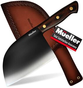 mueller ultraforged professional meat cleaver knife 7" handmade high-carbon clad steel serbian chef knife with leather sheath, full tang pakkawood handle, multi-functional for kitchen, camping, bbq