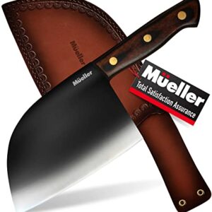 Mueller UltraForged Professional Meat Cleaver Knife 7" Handmade High-Carbon Clad Steel Serbian Chef Knife with Leather Sheath, Full Tang Pakkawood Handle, Multi-functional for Kitchen, Camping, BBQ